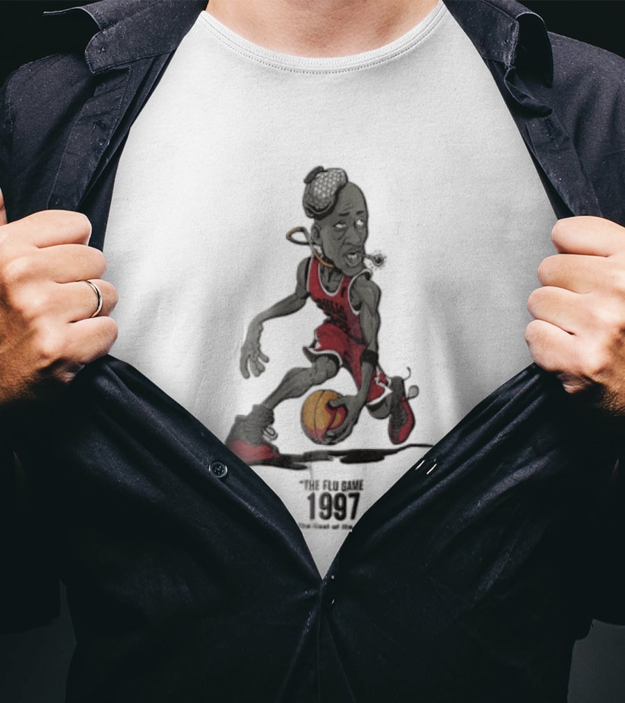 Chicago Bulls The Flu Game 1997 Illest Of Sick Jordan Caricature Dribbling Basketball T-Shirt