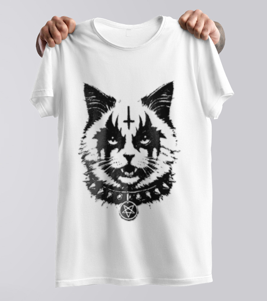 Corpsepaint Inverted Pentagram Monochromatic Cat With Collar T-Shirt