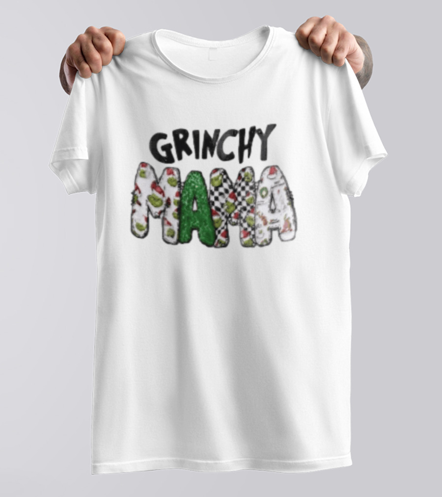 Grinchy Mama Holiday Checkerboard And Santa Hat T-Shirt