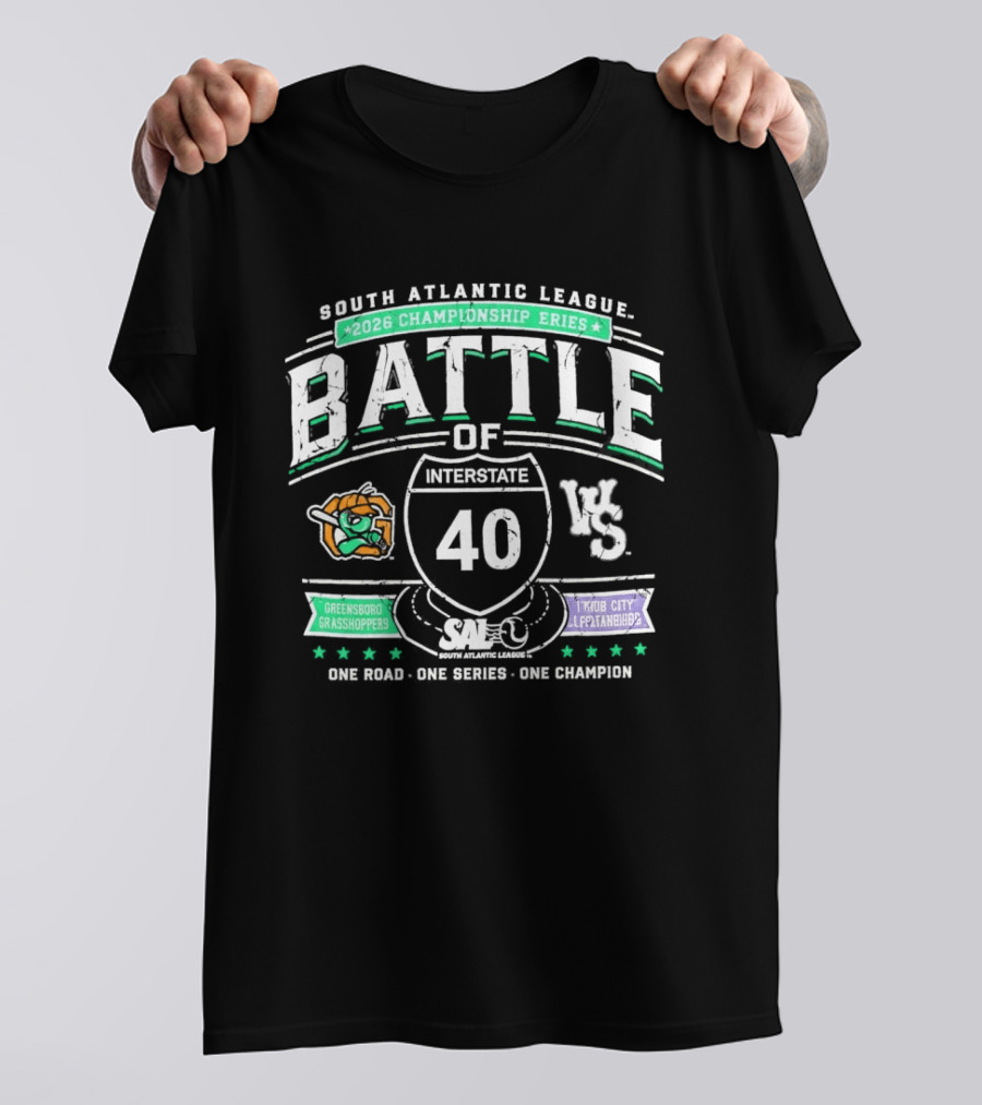 South Atlantic League 2026 Championship Battle Of Interstate 40 Greensboro Grasshoppers Vs Triad City Leaping Llamas One Road One Series One Champion T-Shirt
