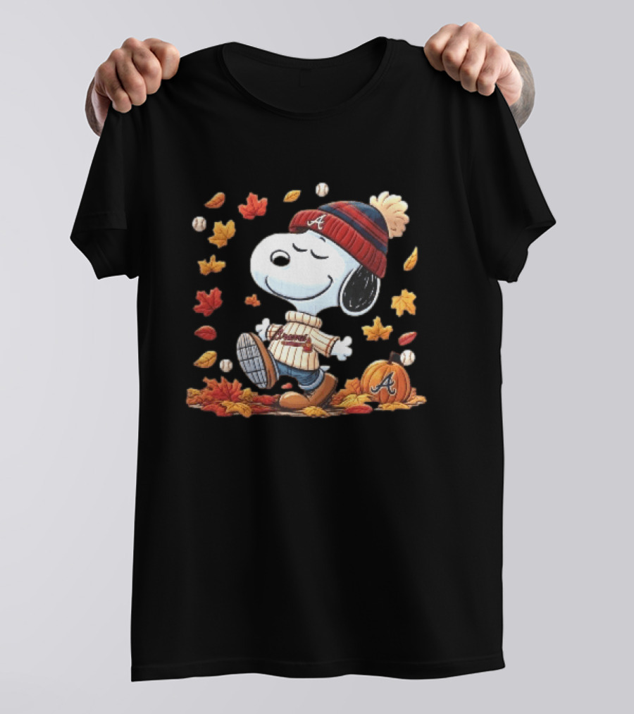 Atlanta Braves Snoopy Walking In Autumn Leaves With Pumpkin Baseballs Cartoon T-Shirt