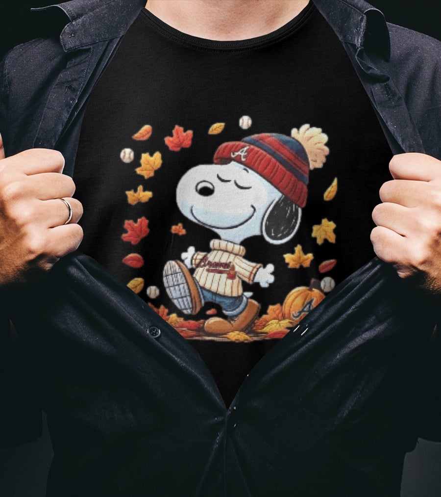 Atlanta Braves Snoopy Walking In Autumn Leaves With Pumpkin Baseballs Cartoon T-Shirt