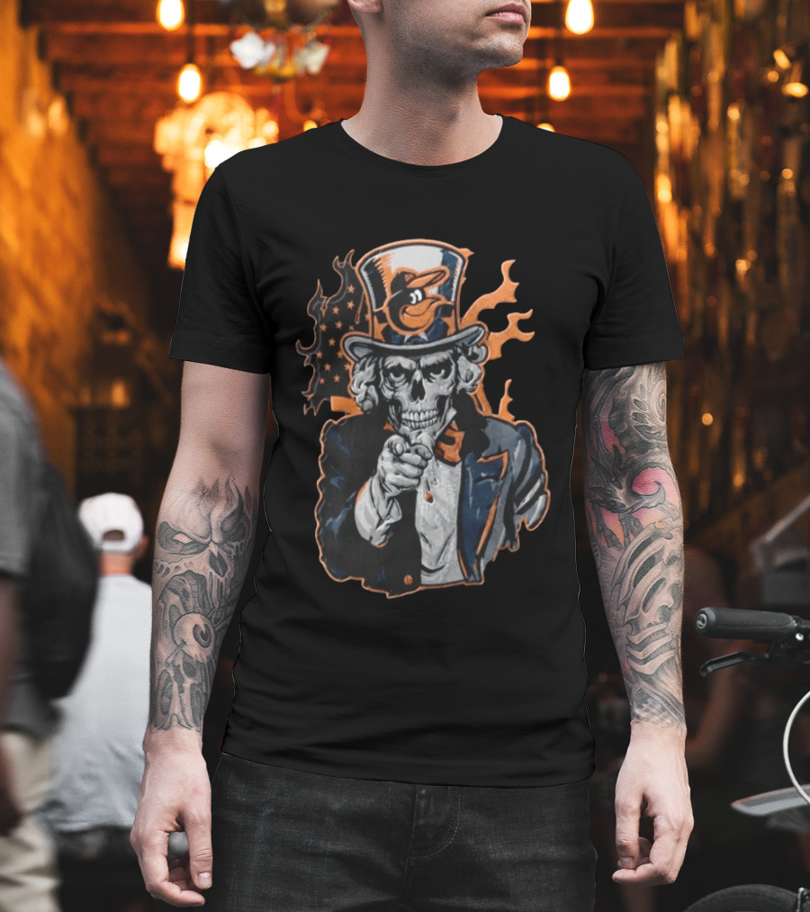 Baltimore Orioles Skeleton Uncle Sam Pointing Flames American Flag Hat T-Shirt