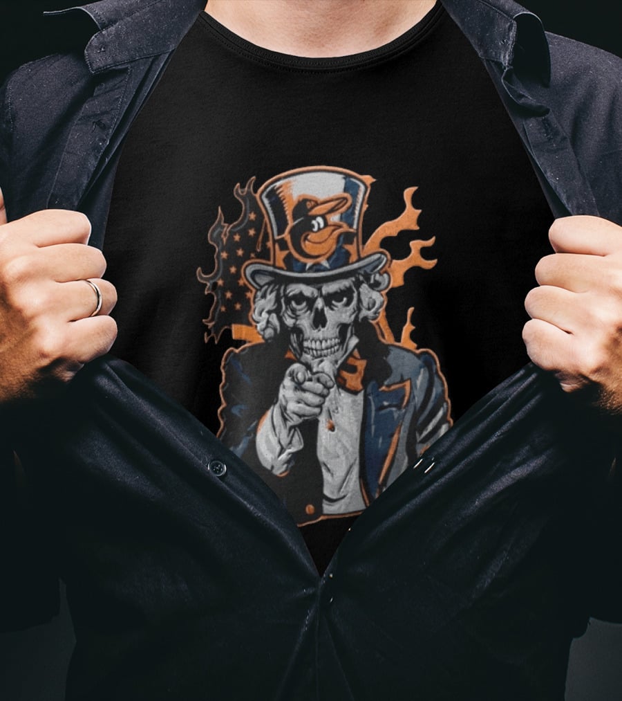 Baltimore Orioles Skeleton Uncle Sam Pointing Flames American Flag Hat T-Shirt