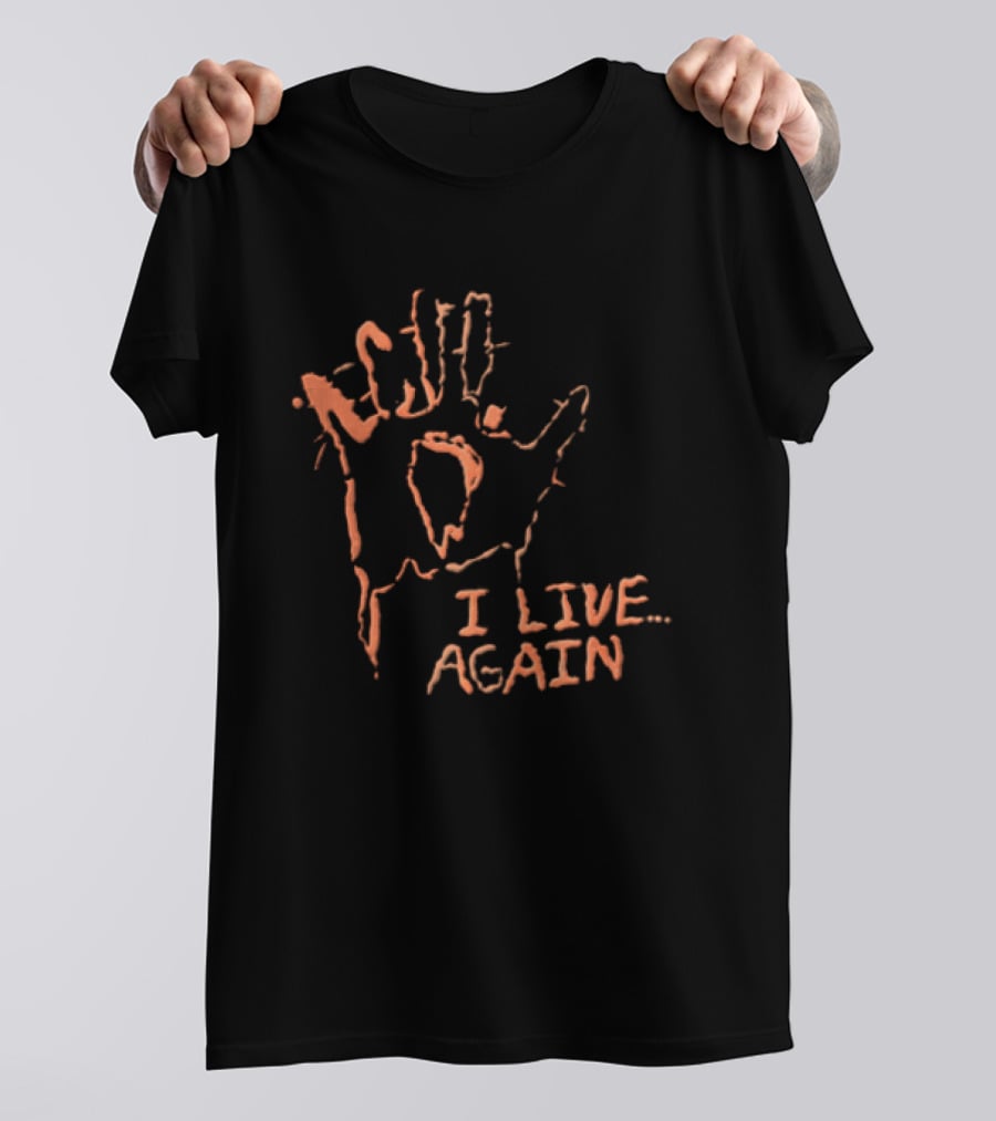 I Live Again Red Spiky Handprint Burning Hole In Palm Distressed Halloween T-Shirt