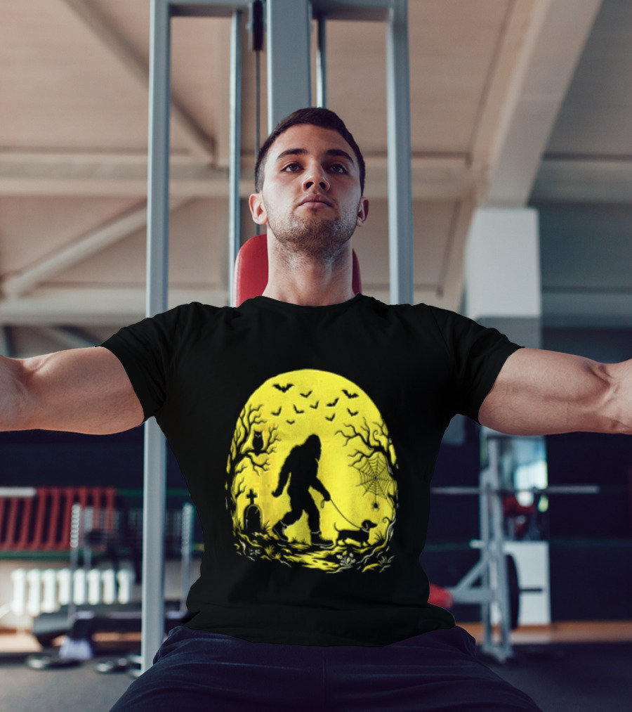 Bigfoot Walking Dachshund Under Full Moon Halloween Night T-Shirt
