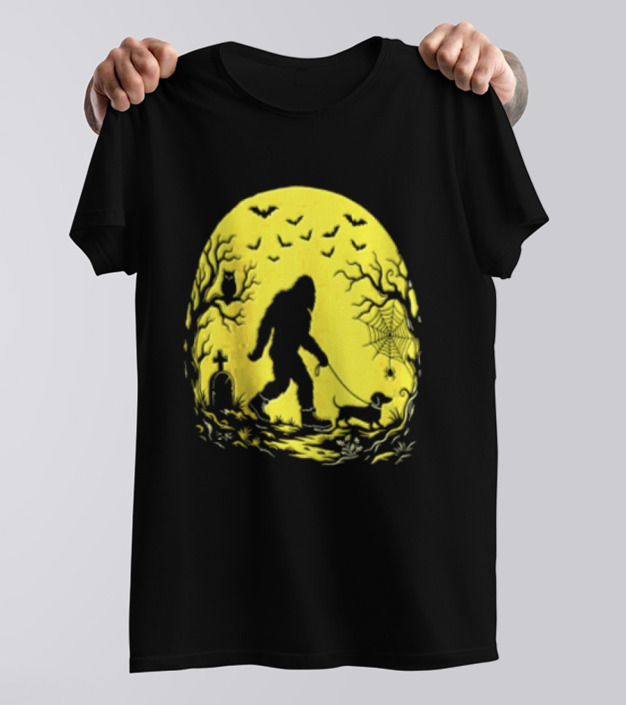 Bigfoot Walking Dachshund Under Full Moon Halloween Night T-Shirt