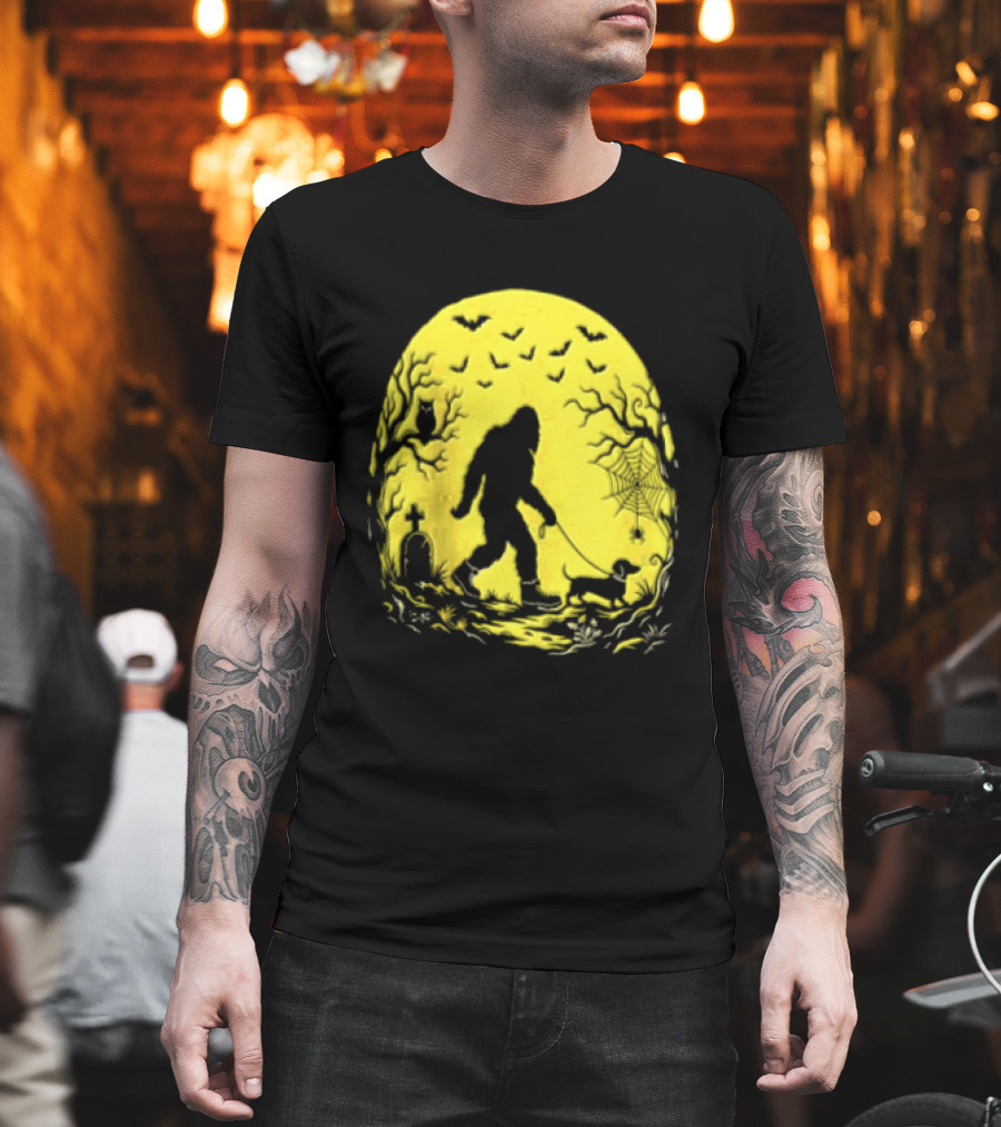 Bigfoot Walking Dachshund Under Full Moon Halloween Night T-Shirt