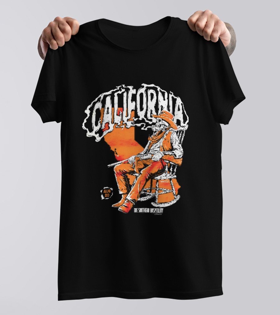 California Skeleton Cowboy Southern Hospitality Tour Aug 20 Rocking Chair Rifle Map T-Shirt