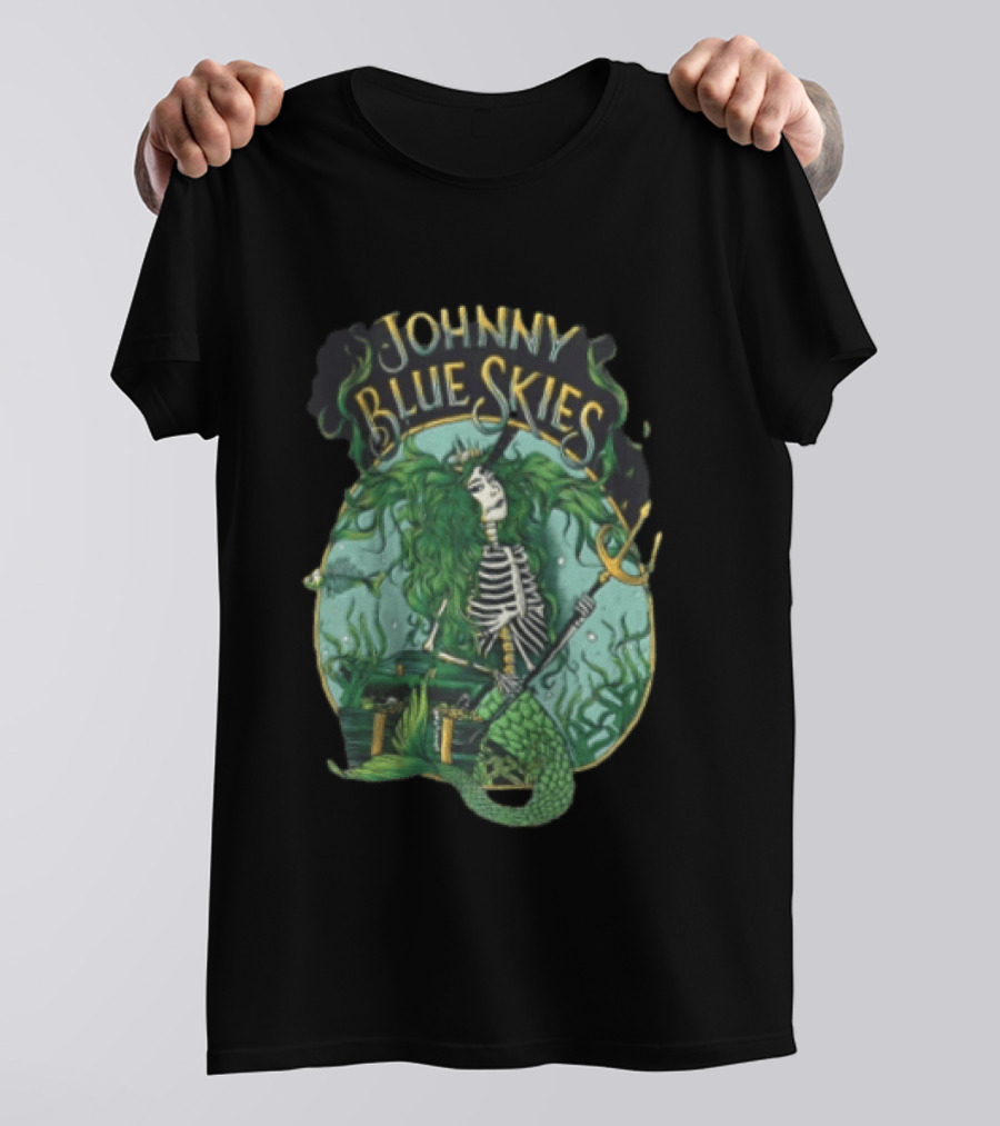 Johnny Blue Skies Skeleton Mermaid Adventure With Trident And Treasure T-Shirt