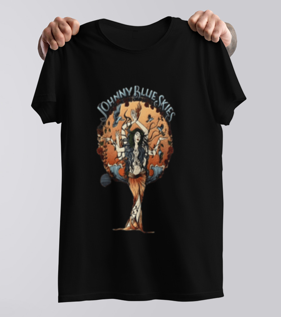Johnny Blue Skies Ocean Goddess Mythical Woman Surrounded By Birds T-Shirt