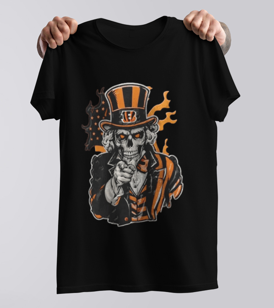 Cincinnati Bengals Skeleton Uncle Sam Pointing Tiger Head Iconic Style Fan Favorite T-Shirt
