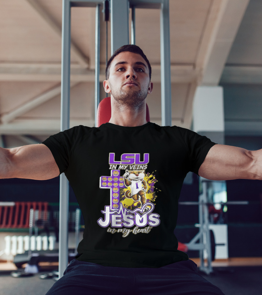LSU In My Veins Jesus In My Heart Tiger Purple Cross EKG T-Shirt