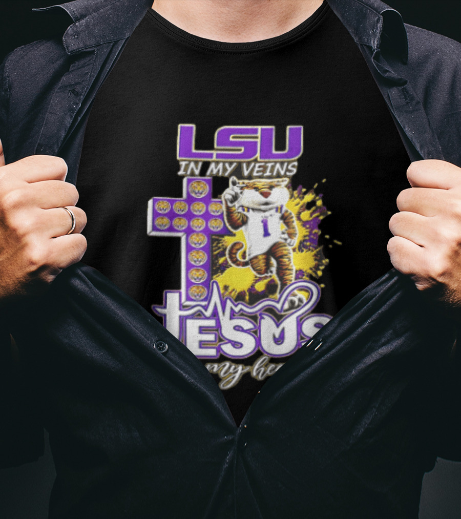 LSU In My Veins Jesus In My Heart Tiger Purple Cross EKG T-Shirt