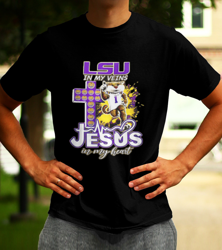 LSU In My Veins Jesus In My Heart Tiger Purple Cross EKG T-Shirt