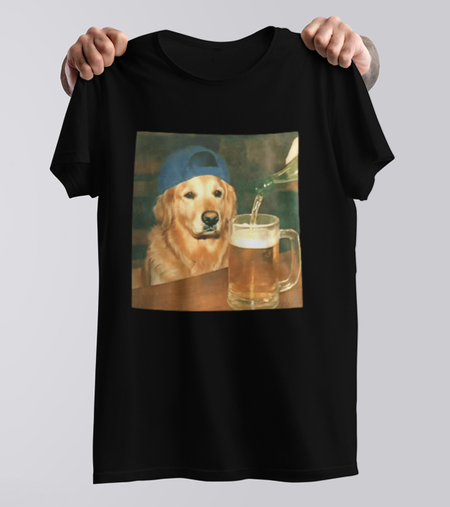 Golden Retriever Backward Cap Beer Pouring Scene T-Shirt