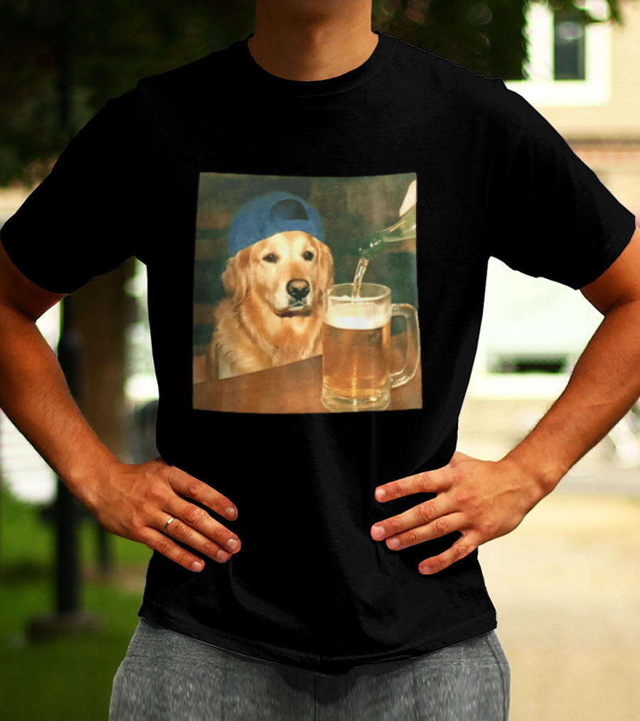 Golden Retriever Backward Cap Beer Pouring Scene T-Shirt