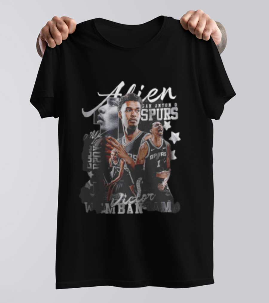 Victor Wembanyama San Antonio Spurs NBA Alien ROTY DPOY Player Collage Halftone Stars T-Shirt