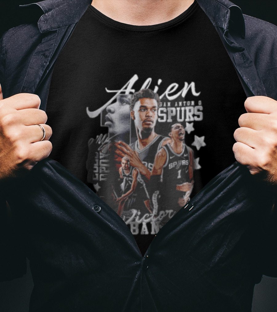 Victor Wembanyama San Antonio Spurs NBA Alien ROTY DPOY Player Collage Halftone Stars T-Shirt