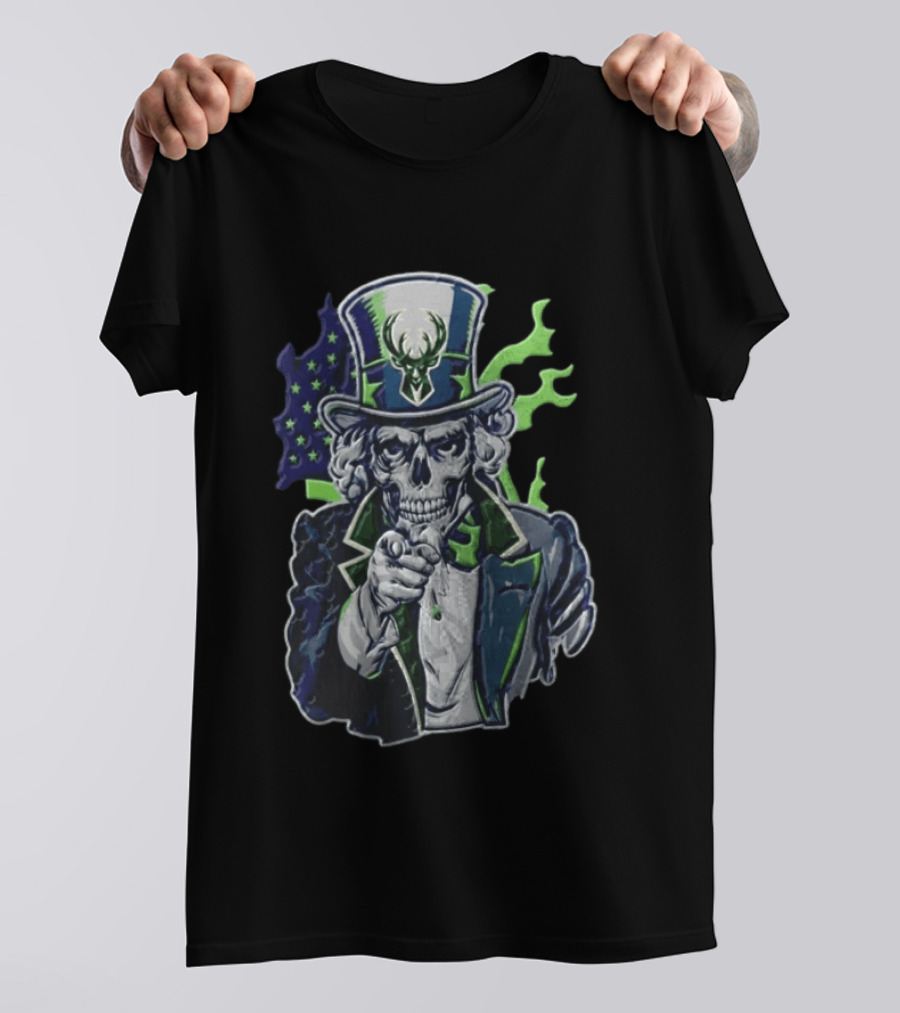 Milwaukee Bucks Uncle Sam Skeleton American Flag Pointing Basketball Fan T-Shirt