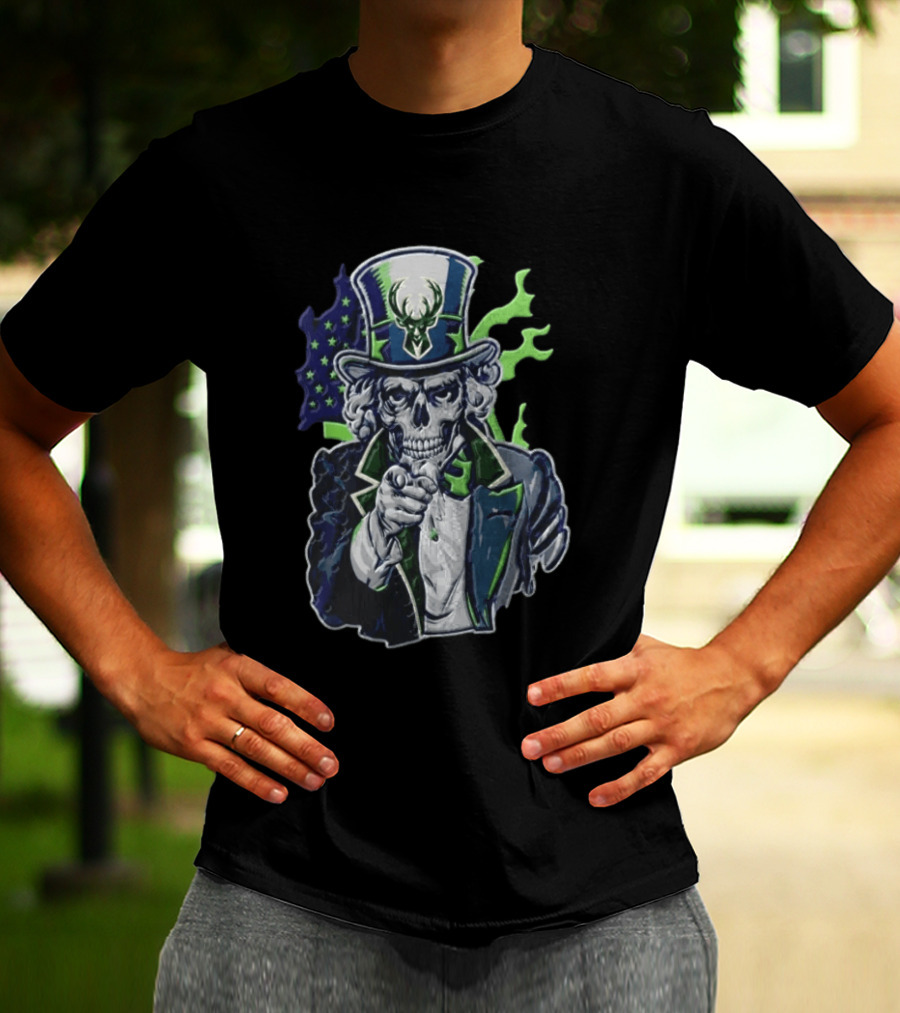 Milwaukee Bucks Uncle Sam Skeleton American Flag Pointing Basketball Fan T-Shirt