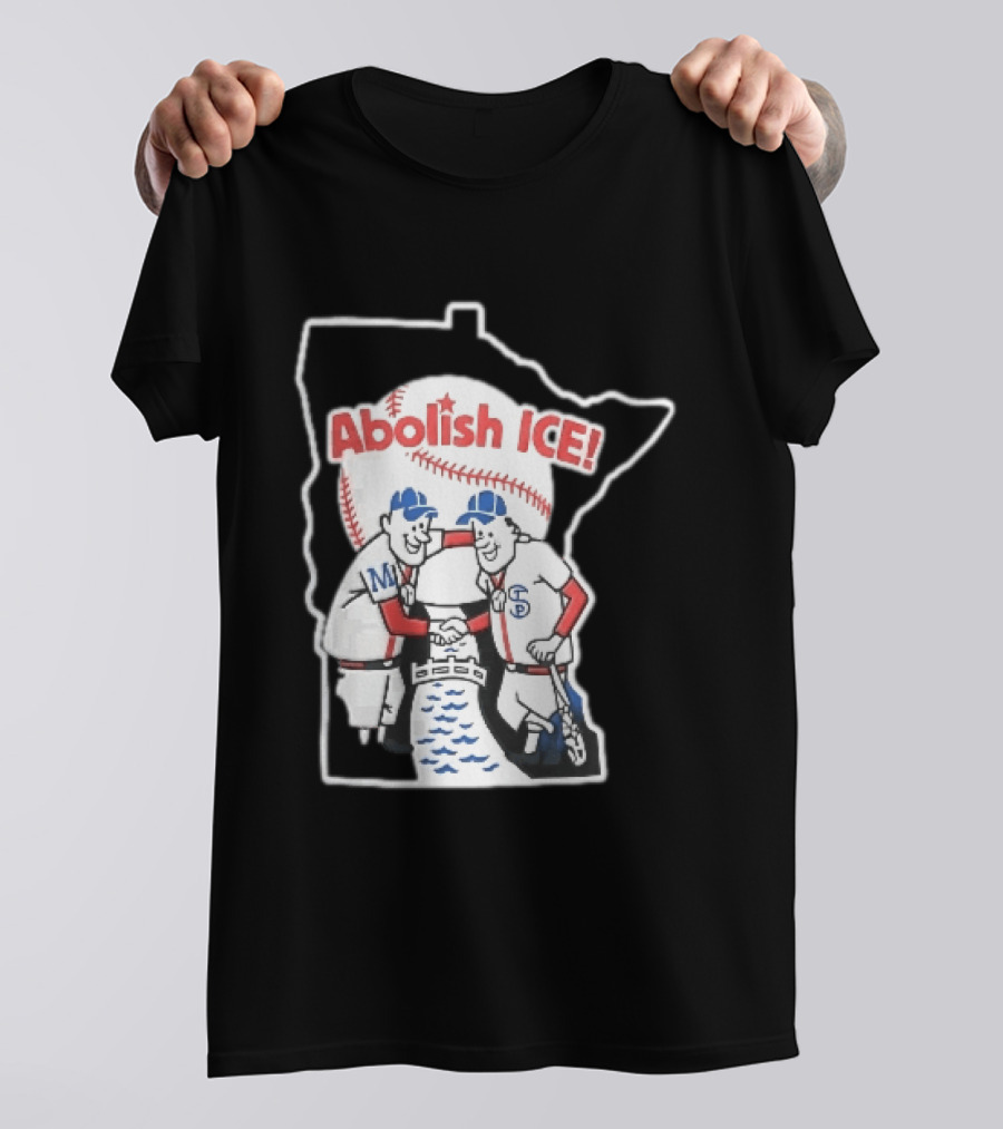 Minnesota Twins Abolish ICE Cartoon Players Shaking Hands River State T-Shirt
