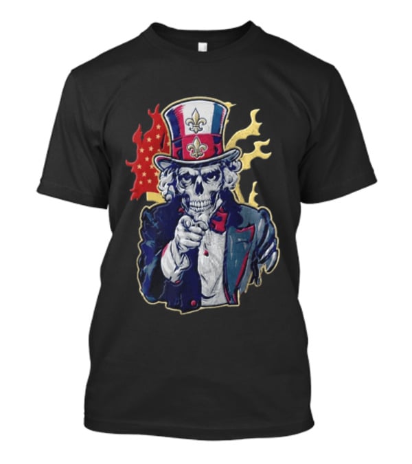 New Orleans Pelicans Skeleton Uncle Sam Pointing American Flag Fleur De Lis T-Shirt