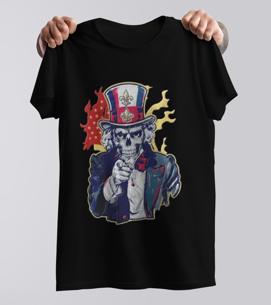 New Orleans Pelicans Skeleton Uncle Sam Pointing American Flag Fleur De Lis T-Shirt