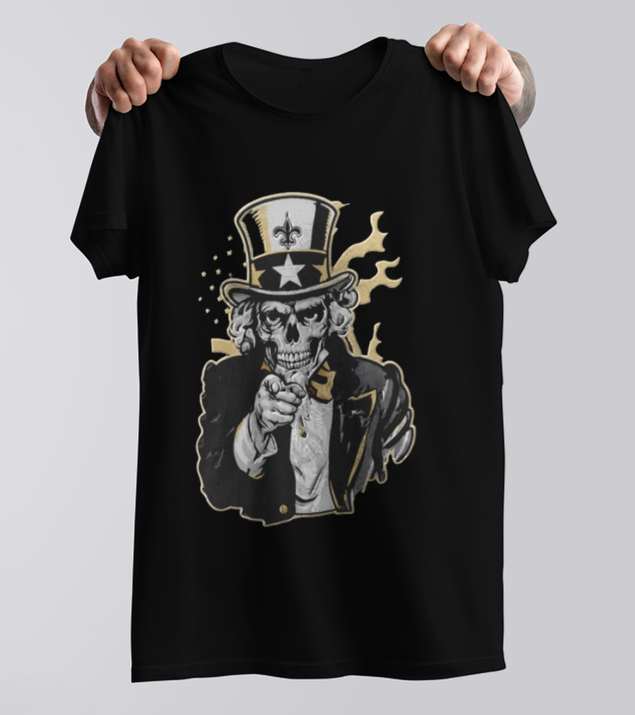 New Orleans Saints Skeleton Uncle Sam Pointing Fleur De Lis American Flag T-Shirt