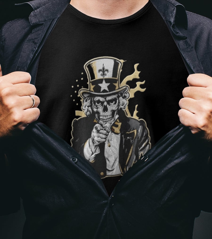 New Orleans Saints Skeleton Uncle Sam Pointing Fleur De Lis American Flag T-Shirt