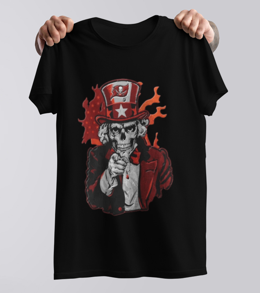 Tampa Bay Buccaneers Uncle Sam Skull American Flag Flames T-Shirt