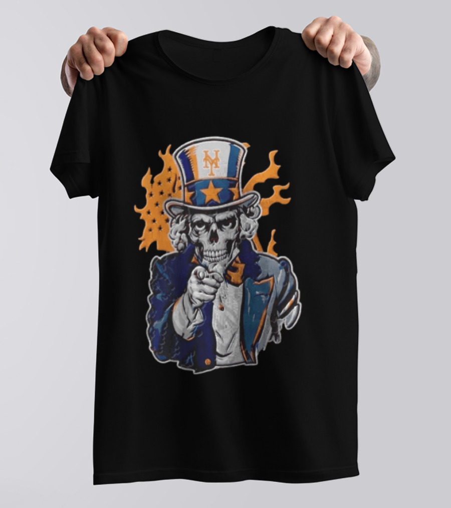 New York Mets Uncle Sam Skeleton Top Hat Stars Flames T-Shirt