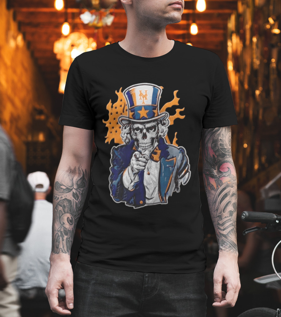 New York Mets Uncle Sam Skeleton Top Hat Stars Flames T-Shirt
