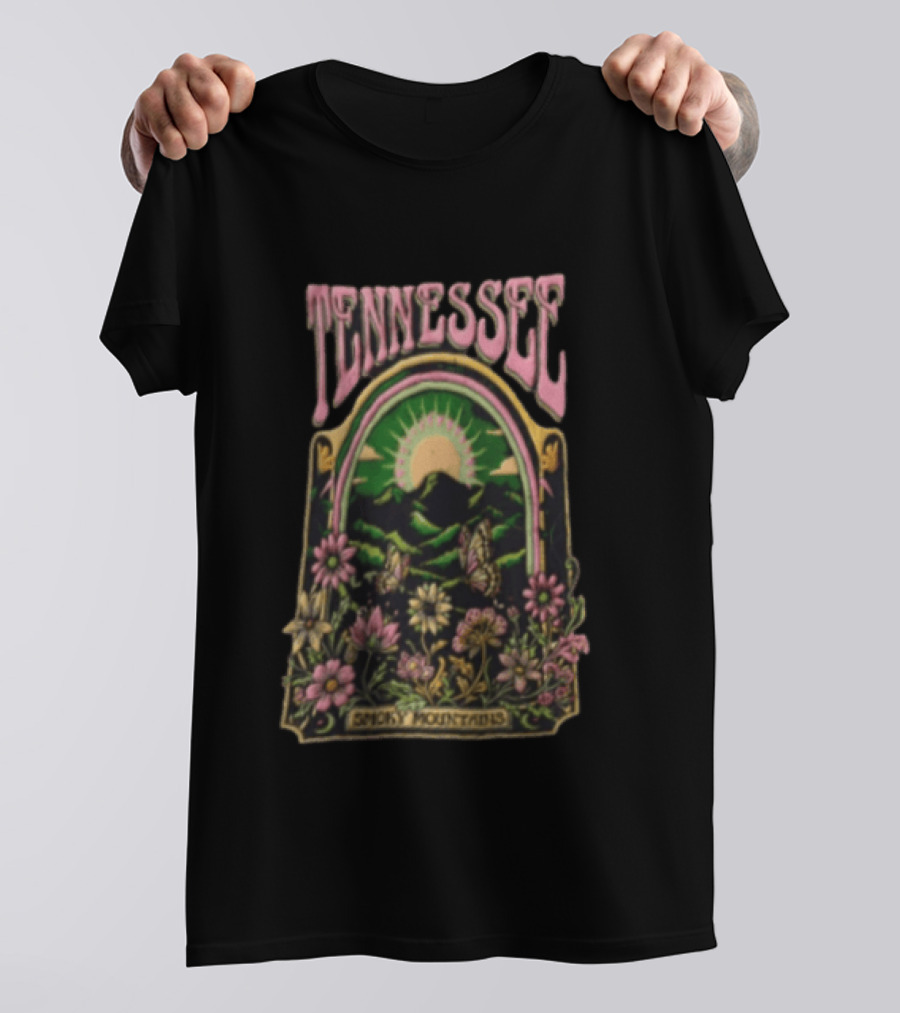 Tennessee Smoky Mountains Sunrise With Butterflies And Flowers T-Shirt