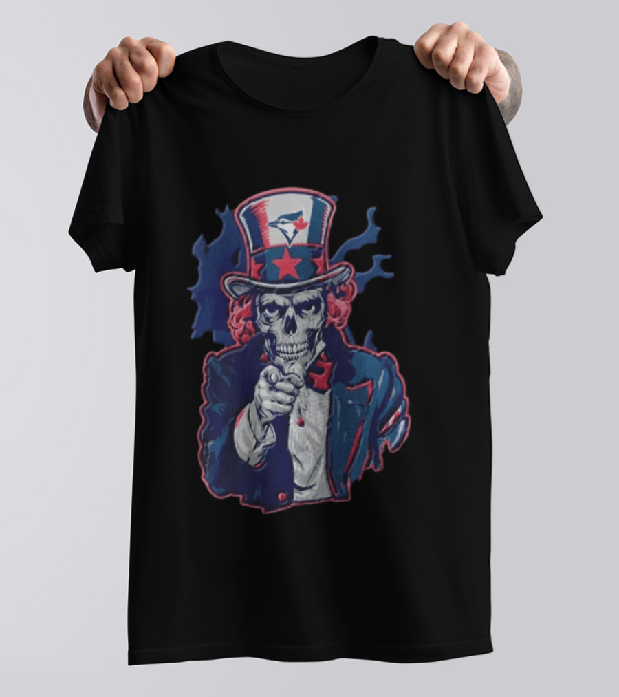 Toronto Blue Jays Skeleton Uncle Sam Pointing American Flag Bird Head Maple Leaf T-Shirt