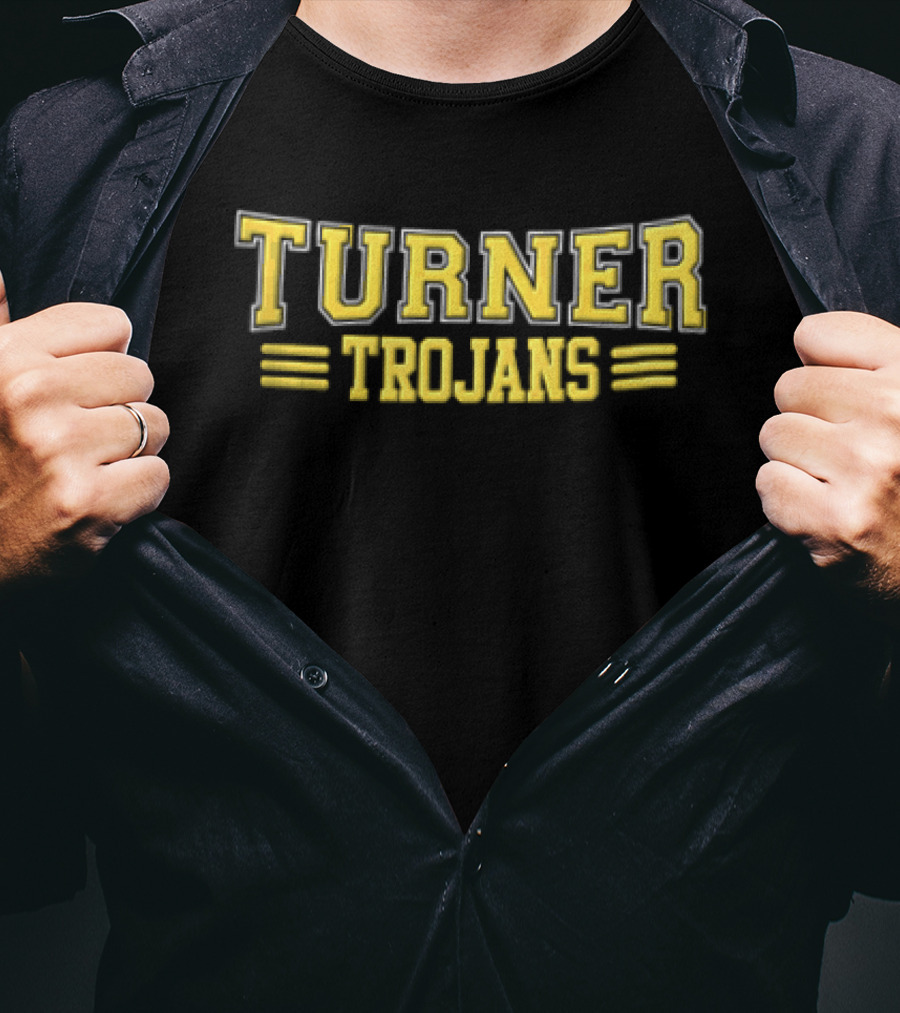 Turner Trojans Yellow Collegiate Varsity Lettering Horizontal Stripes T-Shirt