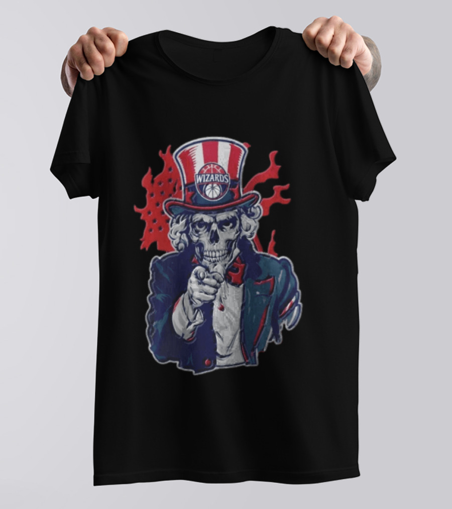 Washington Wizards Skeleton Uncle Sam Pointing Flames American Flag T-Shirt