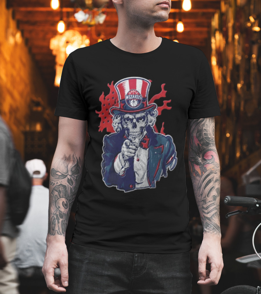 Washington Wizards Skeleton Uncle Sam Pointing Flames American Flag T-Shirt