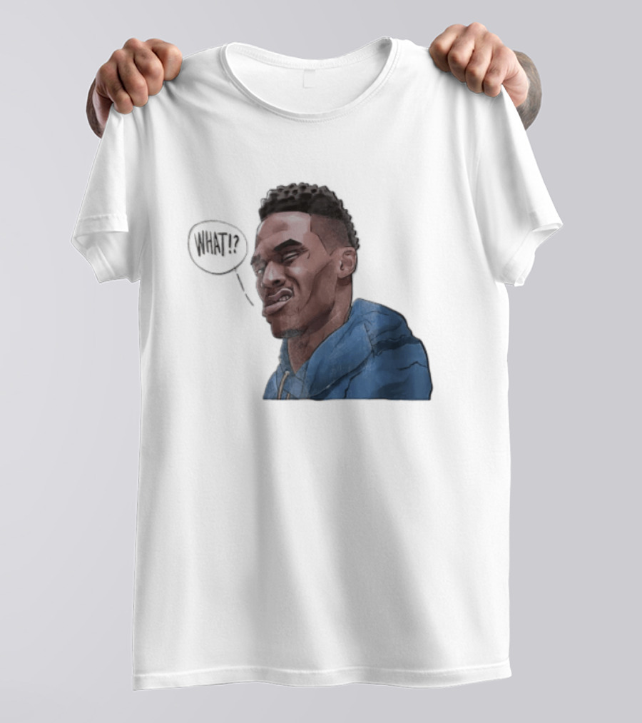 Russell Westbrook Cartoon Caricature Confused Face What Speech Bubble Blue T-Shirt