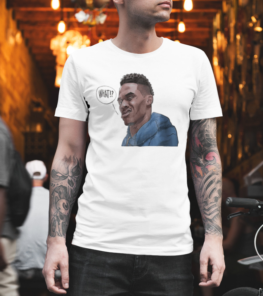 Russell Westbrook Cartoon Caricature Confused Face What Speech Bubble Blue T-Shirt