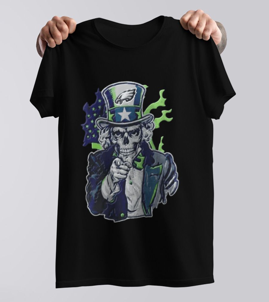 Philadelphia Eagles Uncle Sam Skull With Flag And Stars T-Shirt