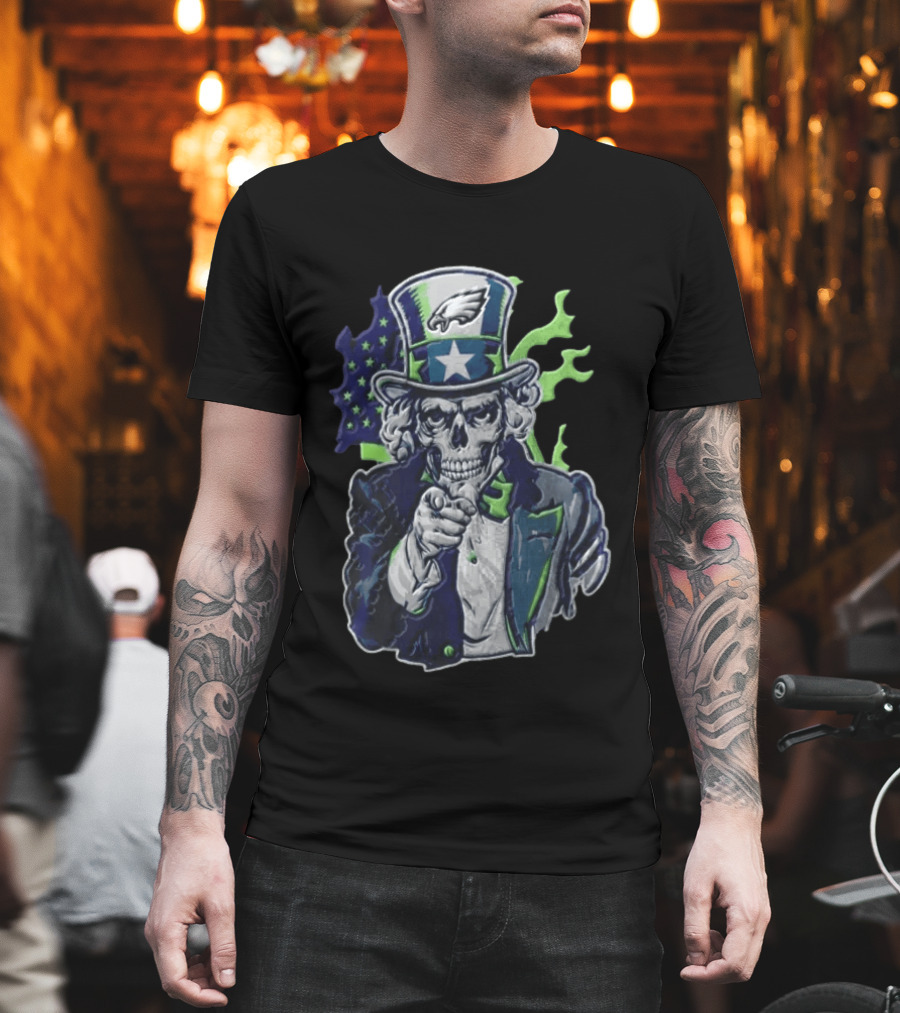 Philadelphia Eagles Uncle Sam Skull With Flag And Stars T-Shirt