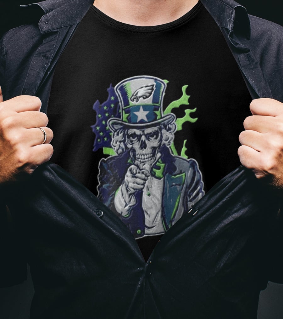 Philadelphia Eagles Uncle Sam Skull With Flag And Stars T-Shirt