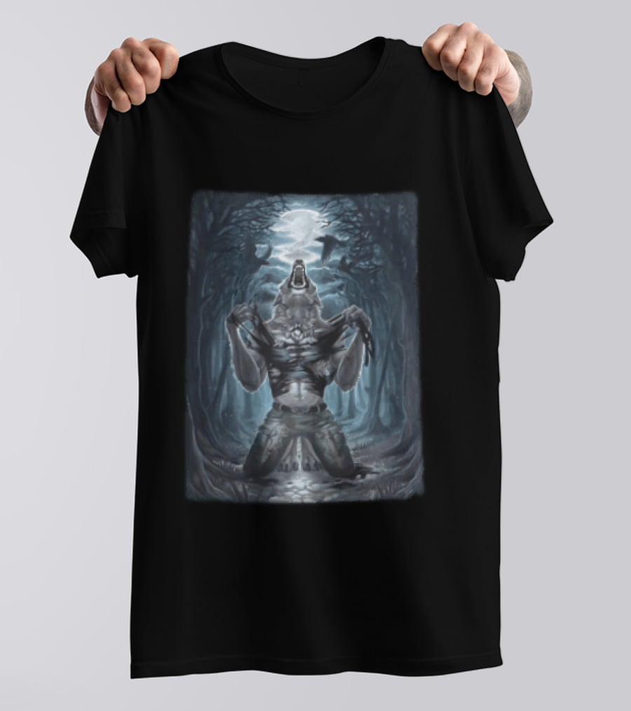 Howling Werewolf Under Full Moon In Dark Forest With Ravens T-Shirt