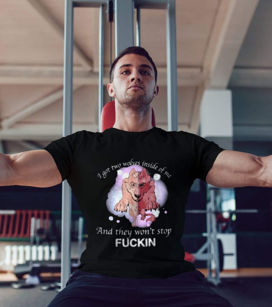 I Got Two Wolves Inside Of Me And They Wont Stop Fuckin Cartoon Split Wolf Pastel Cloud Funny Humor T-Shirt