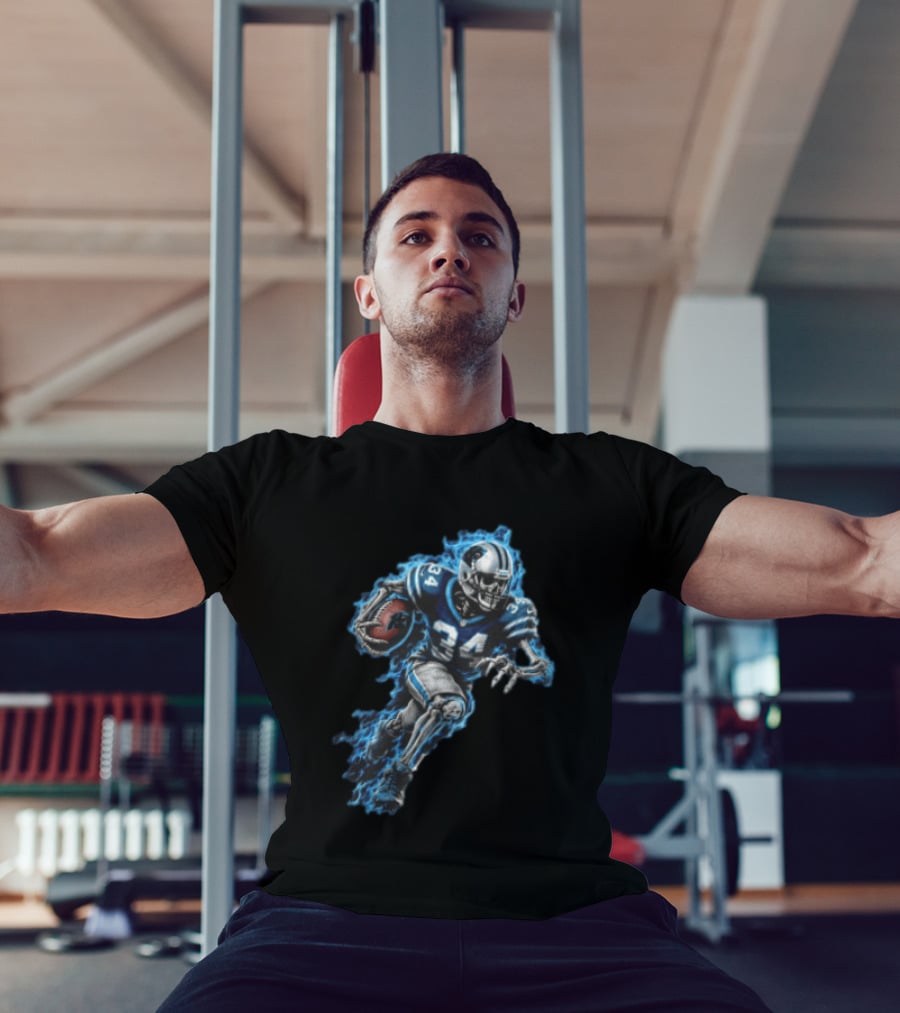 Carolina Panthers Skeleton Running Back 34 Blue Flames Football T-Shirt