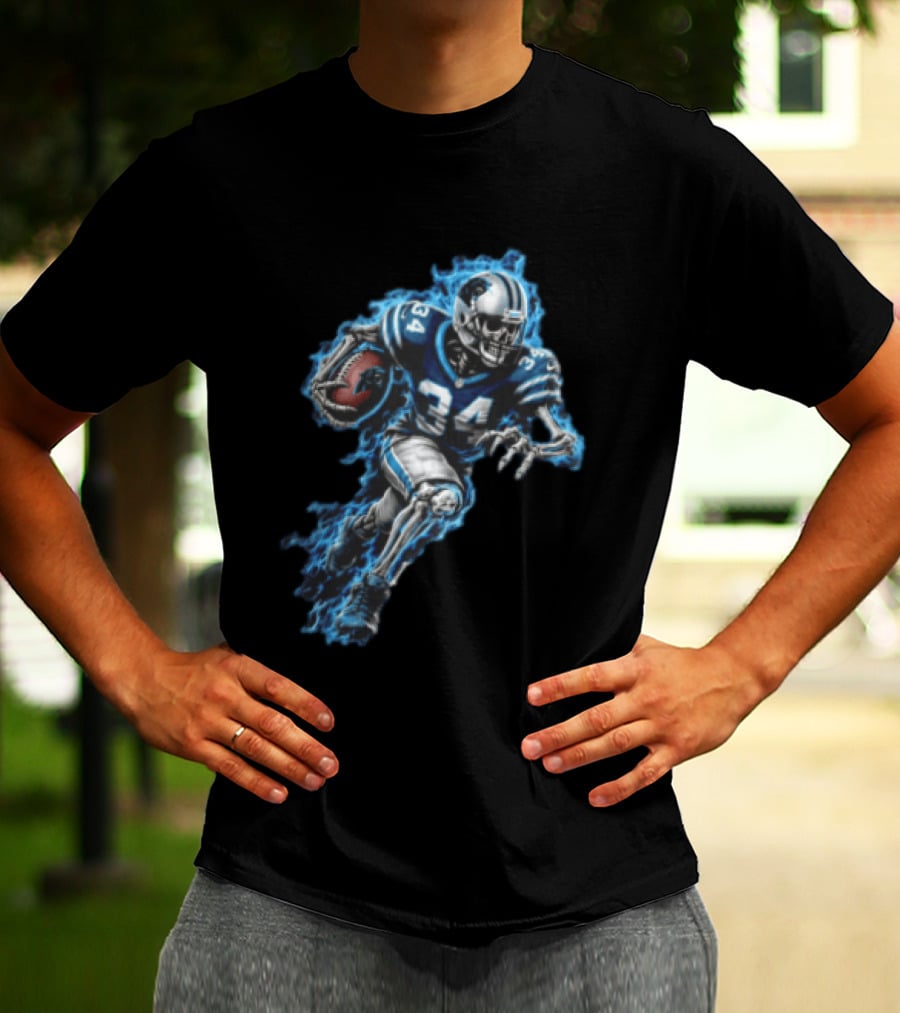 Carolina Panthers Skeleton Running Back 34 Blue Flames Football T-Shirt