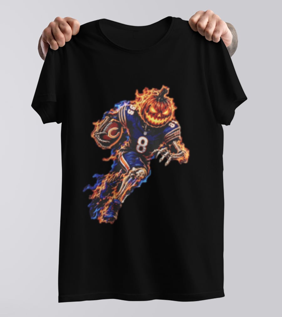 Chicago Bears Flaming Pumpkin Skeleton Football Running Halloween Scary Sports Fan T-Shirt