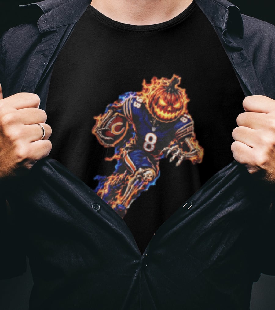 Chicago Bears Flaming Pumpkin Skeleton Football Running Halloween Scary Sports Fan T-Shirt