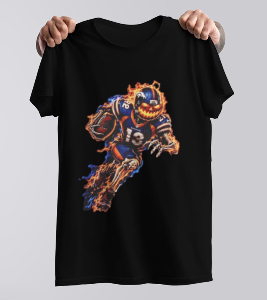 Denver Broncos Fiery Pumpkin Head Skeleton Football Player T-Shirt